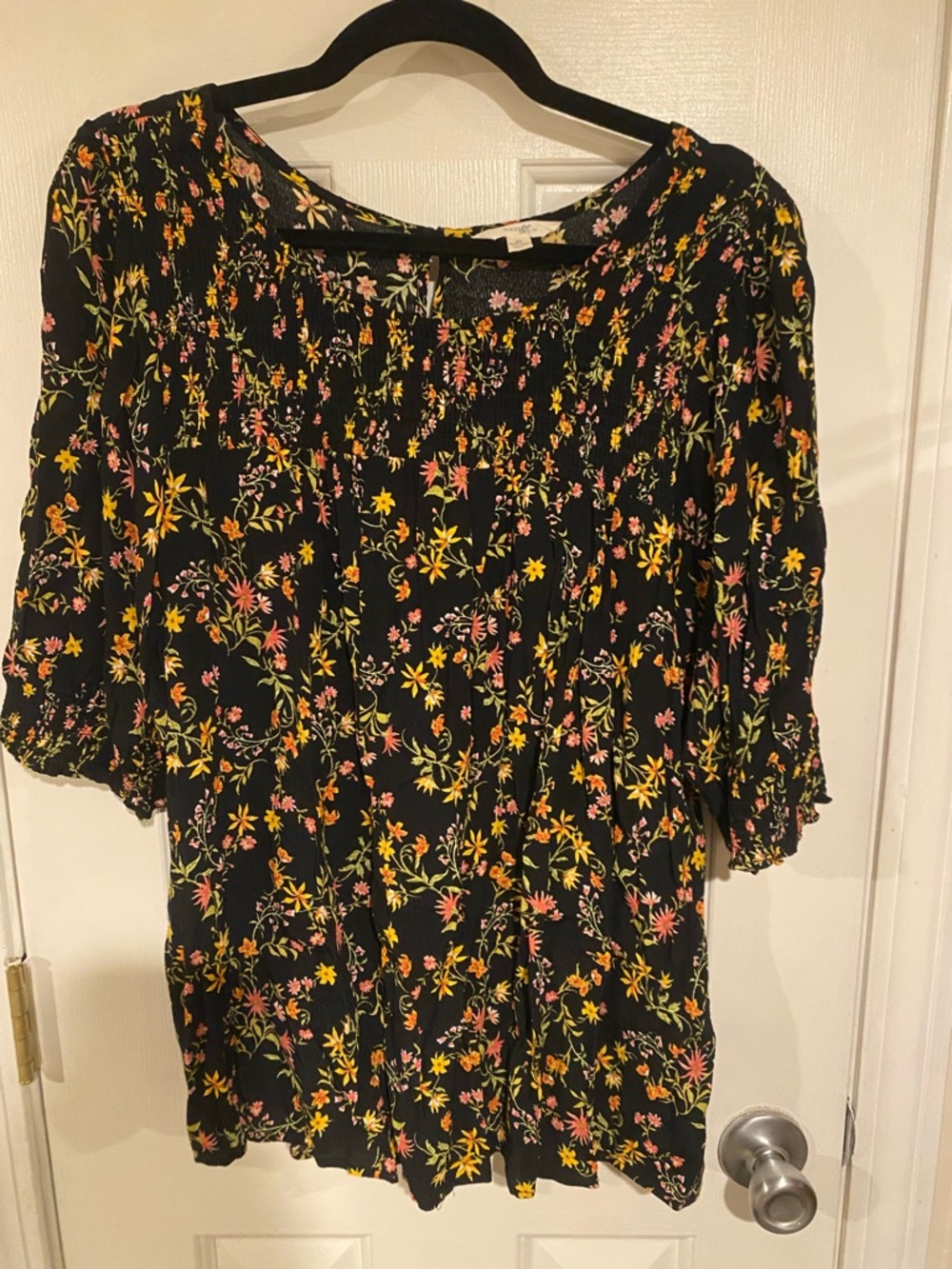 Terra & Sky Black Floral Smocked Peasant Top with Pink & Yellow Accents